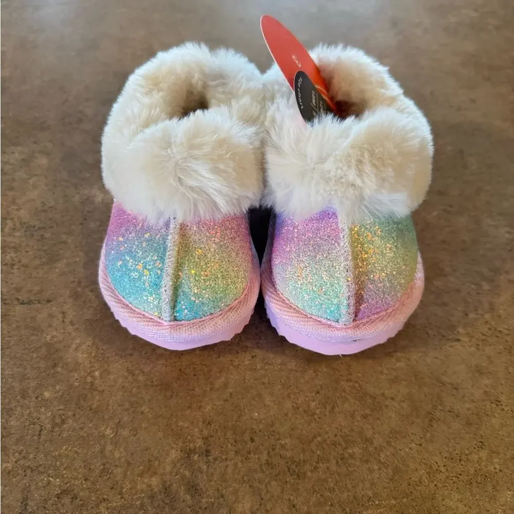 Adorable Infant Glitter Faux Fur Lined Slippers in Pastel Rainbow 3 Cozy NWTs